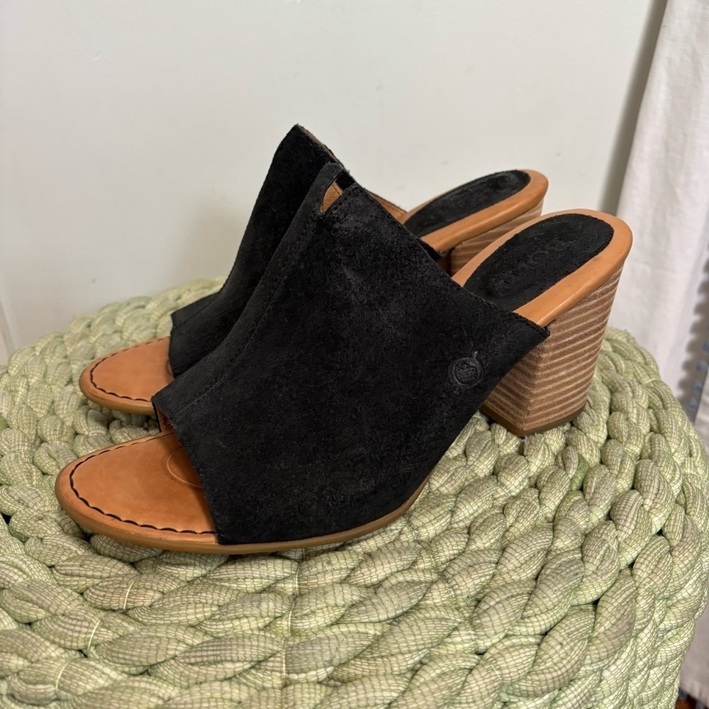 NEW Born Ingrid Black Oiled Suede Slip On Block Heel Comfort Mule Sandals